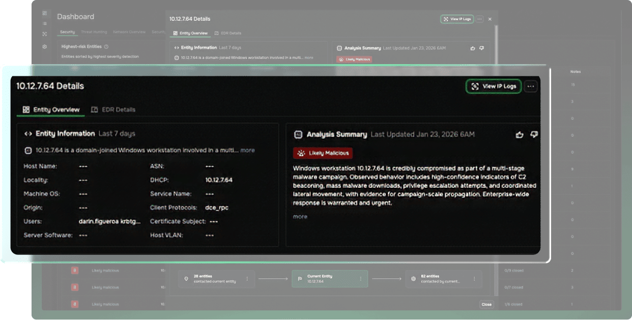 Corelight Investigator showing entity details and detections dashboards