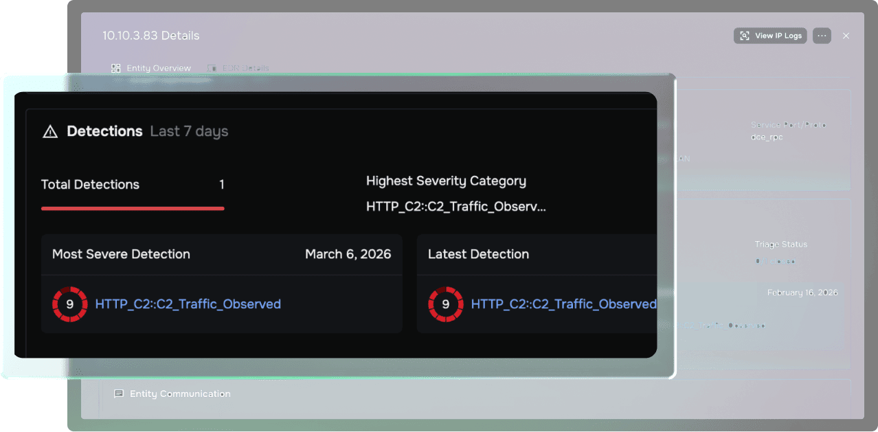 Corelight Investigator showing entity details and detections dashboards